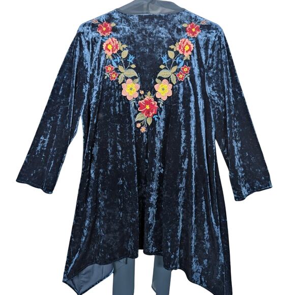 Andree by Unit Open Cardigan Womens Medium Crushed Velvet Blue Floral Embroider - Picture 2 of 10